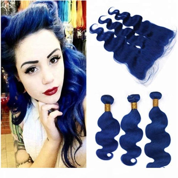 

10 12 14 16 18-30 inch body wave brazilian blue hair extensions 3 bundles with 13*4 lace frontal, Black;brown