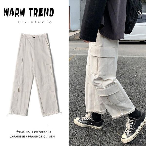 

cotton cargo pants men's fashion retro multi-pocket casual pants men streetwear korean hip-hop straight wide-leg mens, Black