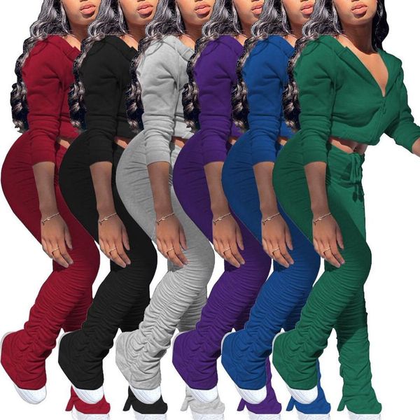 

fall fashion women two-piece casual pleated slit micro-flare trousers long sleeve jacket set 5975