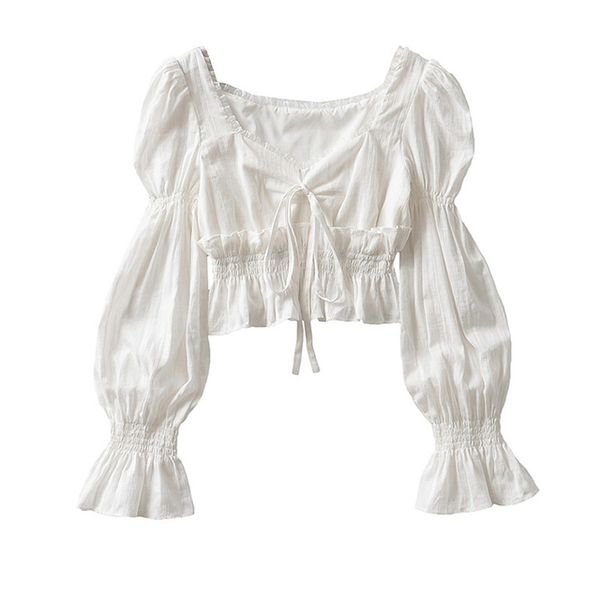 

french pleated women's lantern long sleeve shirts for women's 2022 spring and autumn new vintage white square collar blouses fema