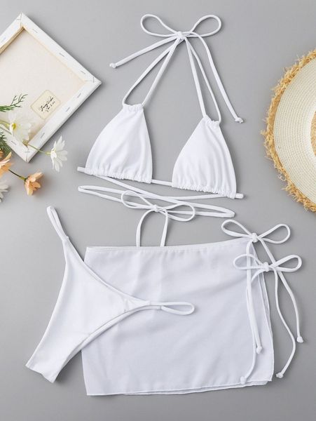 

3pack triangle thong bikini swimsuit & beach skirt v9yh#, White;black