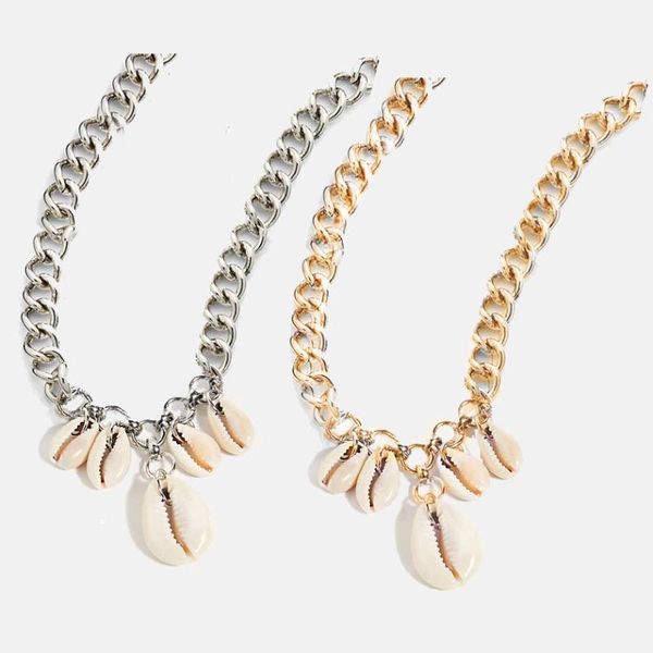 

collier femme fashion bohemian boho summer jewelry chunky curb cuban chain necklace women collar natural cowrie shell charms, Golden;silver