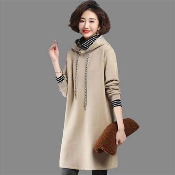 

2021 new mid-length hoodied sweatshirts female new velvet thick/thin autumn winter two-piece jacket plus size women vsyv, Black