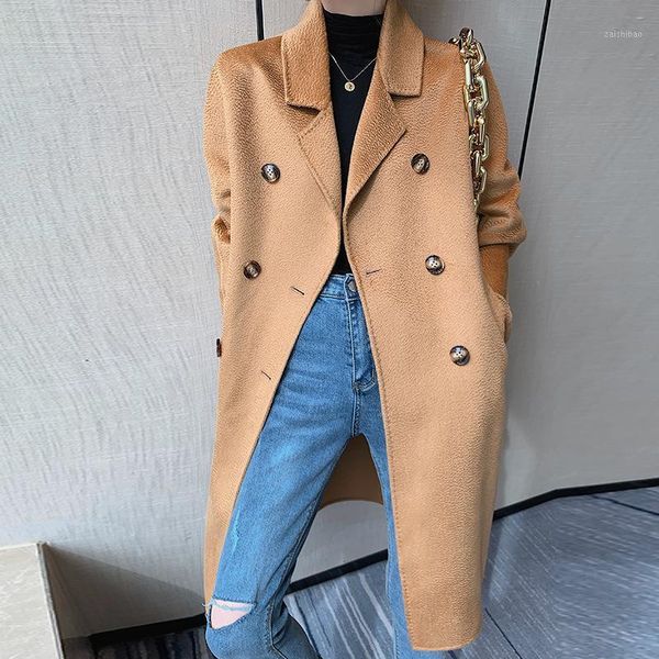 

qiu dong the new wool water ripple double-breasted coat long in fashionable temperament cultivate morality cloth coat1, Black