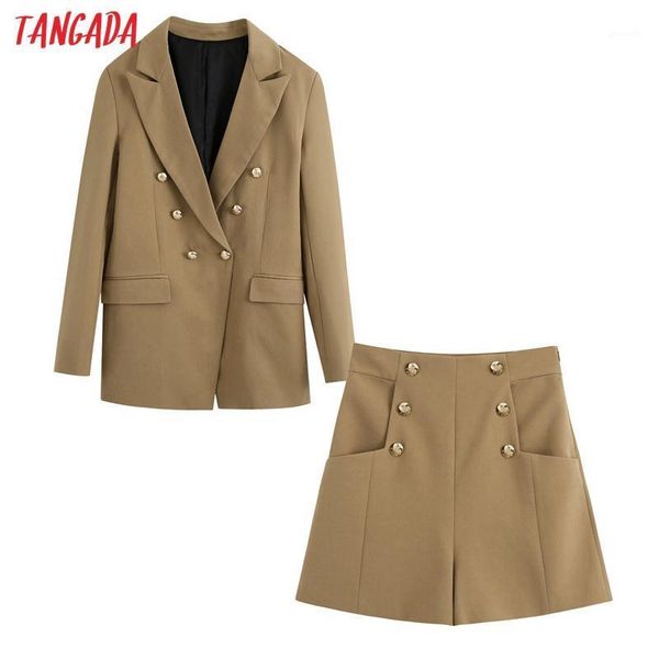 

tangada 2020 women's set tracksuit sets double breasted blazer suit 2 pieces sets blazer shorts suits be6731, Gray