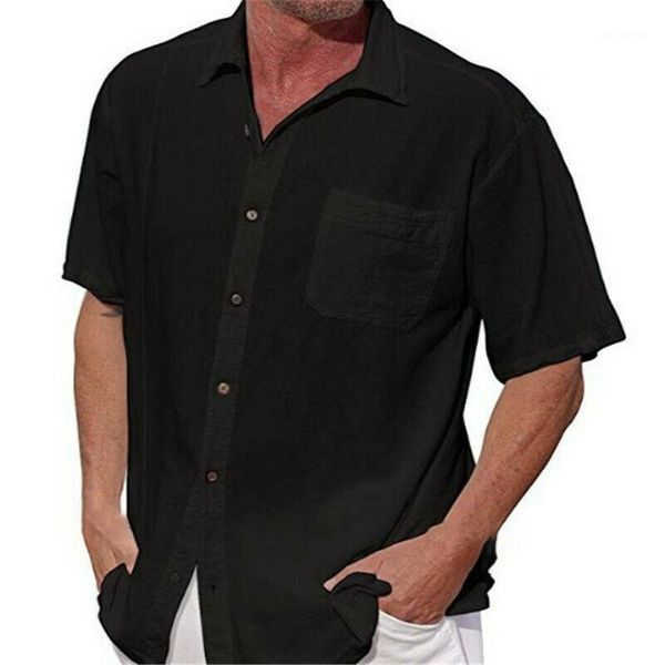 

men's casual loose lapel button-down shirt short sleeve pocket plus size1, White;black