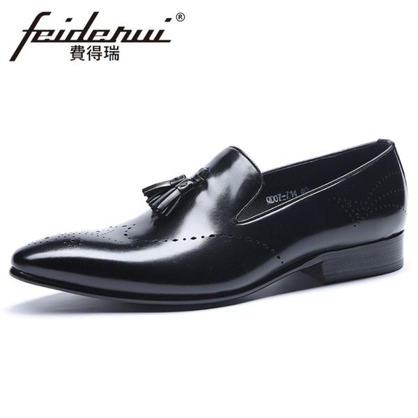 

dress shoes summer designer genuine leather men's breathable loafers formal italian pointed toe slip on tassel man brogue hms108, Black