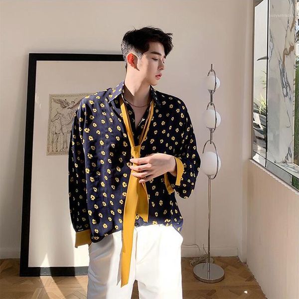 

men's casual shirts spring and summer literary small fresh contrast color dot print shirt men's long-sleeved loose droop thin retr, White;black