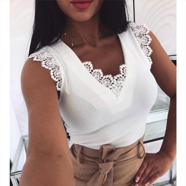 

womens tank v neck lace sleeveless plain summer casual short solid fashion 2020 ladies women shirt haut femme, White