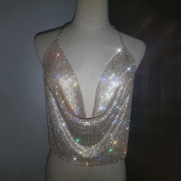 

women's vest halter naked belly button shiny rhinestone metal camisole nightclub party electric syllable rhinestone top, White