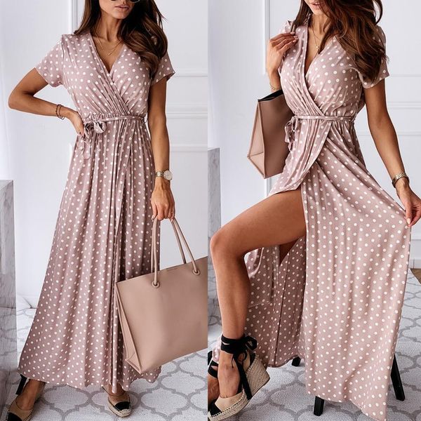 

2021 women's dress v-neck summer wrap dresses women fashion v neck short sleeve belt dots print front slitting hem long dress, Black;gray