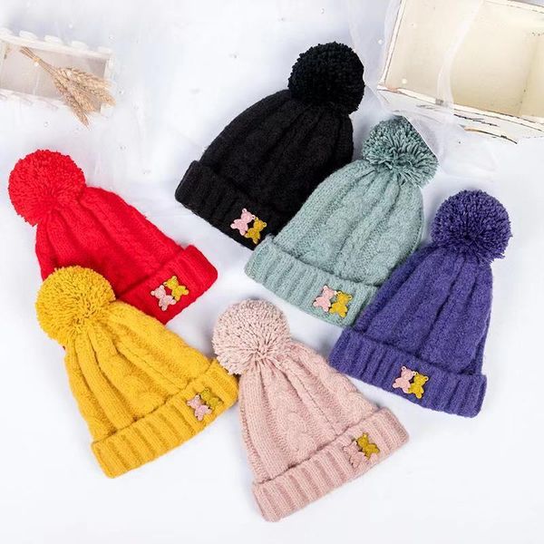 

child baby fashion autumn winter thicken warm knit hat solid color cartoon skull pompom double layer beanie hairball cap z158