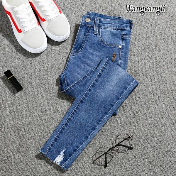 

fashion plus size spring and summer new feet jeans high waist girls nine pants 016# 201030, Blue