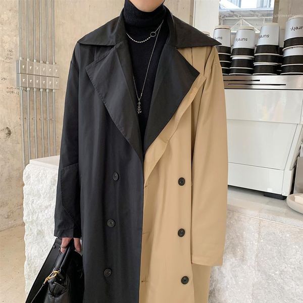 

men's trench coats double breasted loose business casual long windbreaker jacket male streetwear vintage fashion coat overcoat outerwea, Tan;black