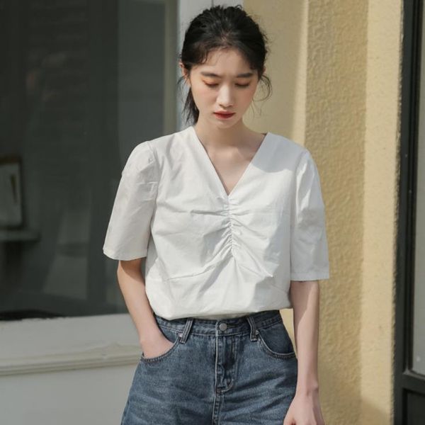 

female temperament simple color bubble short sleeve 54j7, White