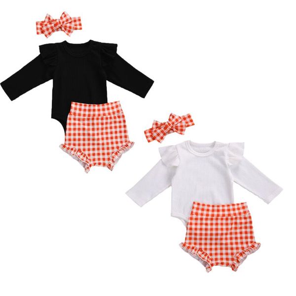 

focusnorm autumn baby girls boys clothes sets plaid long sleeve romper shorts headband 3pcs 0-24m, White