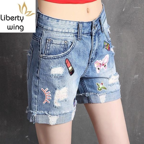 

new fashion summer women's shorts straight loose fit casual female trouser korean style embroidery hole ripped jeans short1, White;black