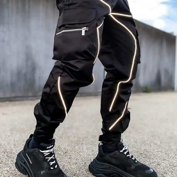 

joggers men harem pants reflective striped streetwear hip hop sweatpants harajuku 2020 autumn new track cargo pant trousers1, Black