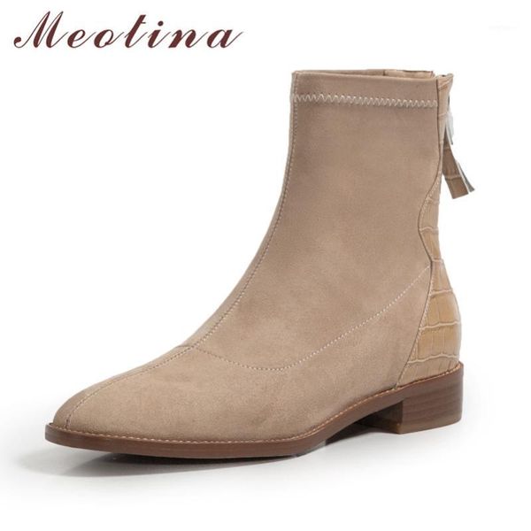 

meotina genuine leather thick heels ankle boots women short boots shoes zipper low heel stretch autumn winter apricot 401, Black