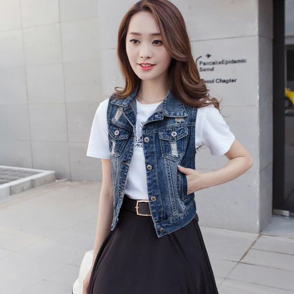 

vintage denim female spring summer torn women's waistcoat sleeveless fashion casual jacket big plus size 7qyu, Black;white