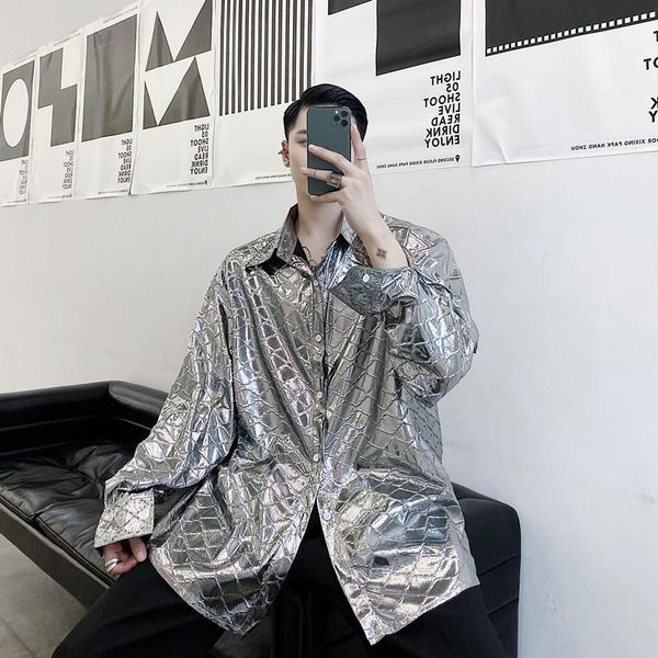 

men's dress shirts streetwear oversize loose casual silver long-sleeved shirt punk gothic party night club plus size blouses camisa mas, White;black