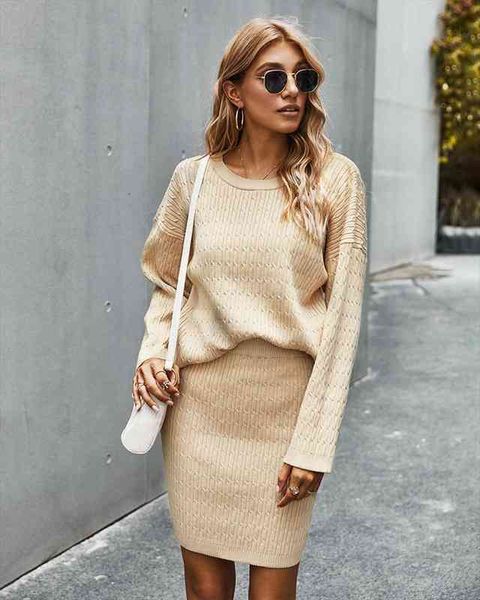 

solid color two-piece sweater set women casual knitted skirt suits autumn winter office lady suit o-neck female sweater dresses, White