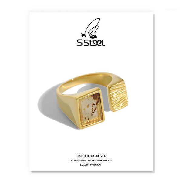 

cluster rings s'steel agate 925 sterling silver for women korean luxury geometric gold ring anillos de plata ley mujer jewellery1, Golden;silver