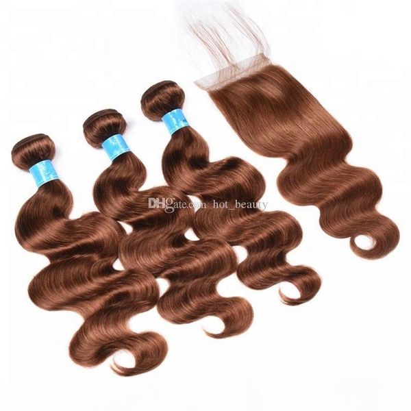 

honey brown bundles with closure color #4 chestnut brown brazilian body wave virgin hair weaves with lace closure medium brown human hair, Black