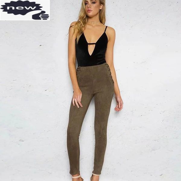 

autumn new retro women lace up faux suede leather pencil pants high waist female trousers casual slim fit zipper pantalon femme, Black;white