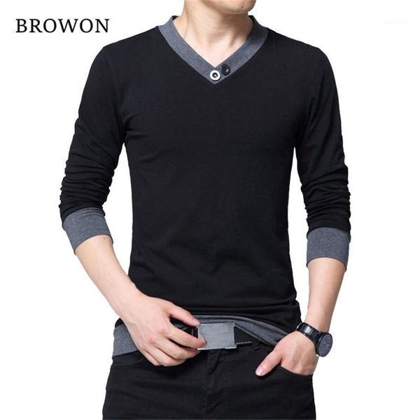 

browon autumn 2020 fashion t-shirt men cotton comfortable long sleeved v-neck button collar solid black t-shirt for man1, White;black