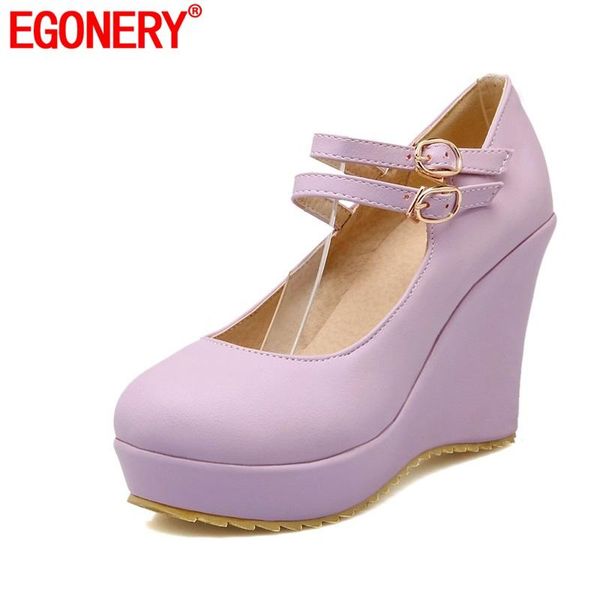 

egonery women fashion high heels platforms wedges round toe ladies double ankle strap shoes autumn new style party heels, Black