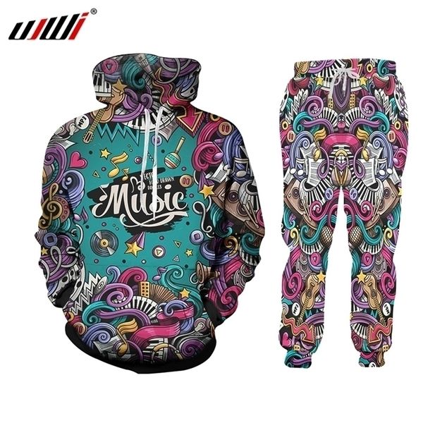 Ujwi 3D Imprimir Homens 2 Parte Set Música Nota Instrumento Party Hip Hop Jogger Tracksuit Jacket Sweatsuit Sweatshirt Hoodies Sports 201109