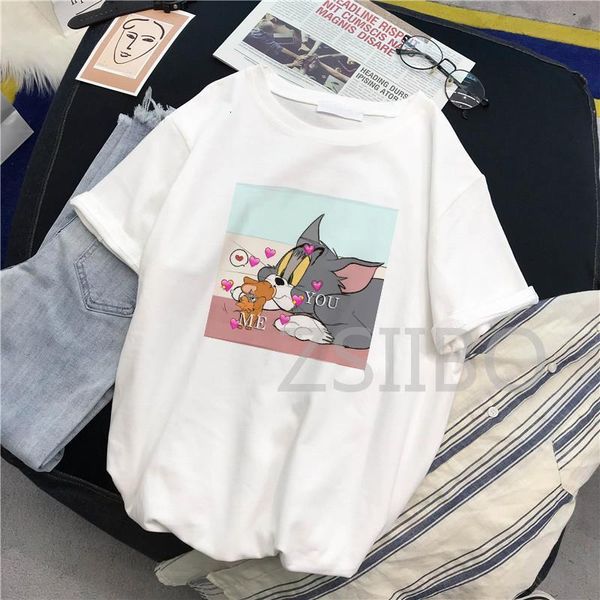 

kawaii cat cartoon mouse print women tees harajuku cute new summer fashion loose short sleeve o-neck new women's t-shirt, White