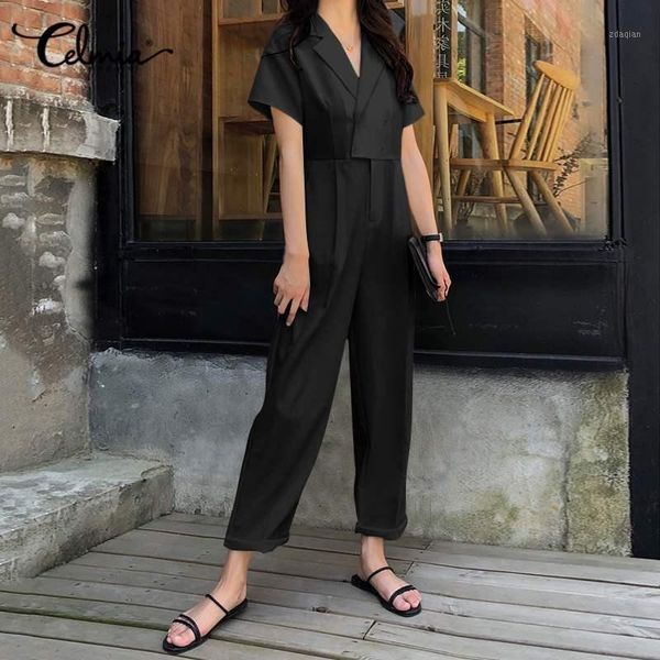 

women's jumpsuits & rompers 2021 womens celmia plus size lapel short sleeve long casual elegant buttons overalls wide leg playsuit 5xl1, Black;white