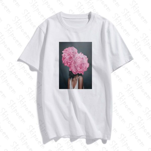 

nordic art woman with flowers tshirt women gothic tumblr kawaii punk plus size cotton short sleeve t shirt femme streetwear sqcubs, White