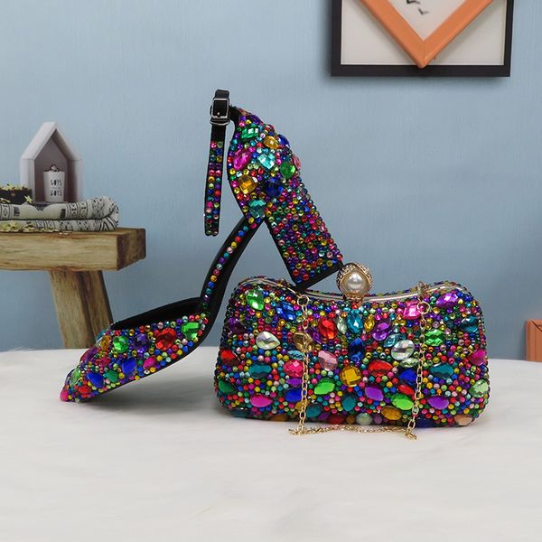 

women wedding shoes with matching bags multicolored crystal thick high heels ladies party dress shoes women pumps super big size c0202, Black