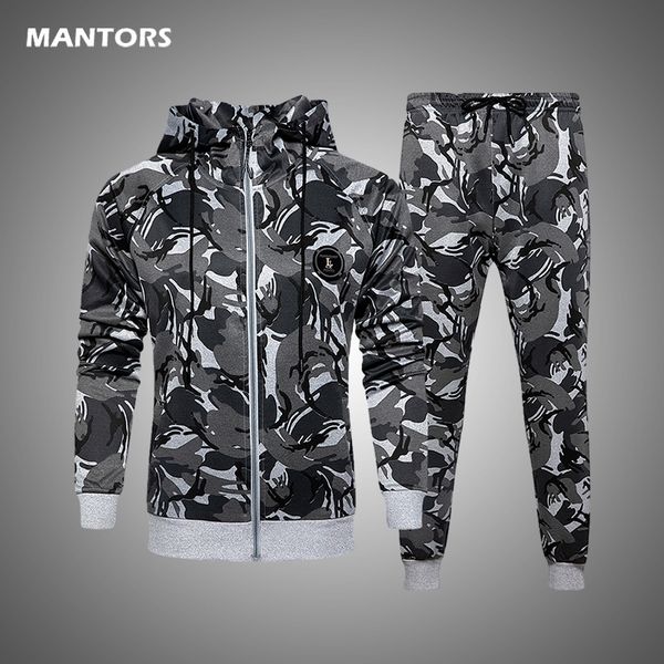 

autumn mens casual tracksuit camouflage hoodies pants suit brand winter men set military sportswear 2pcs male track suit 201202, Gray