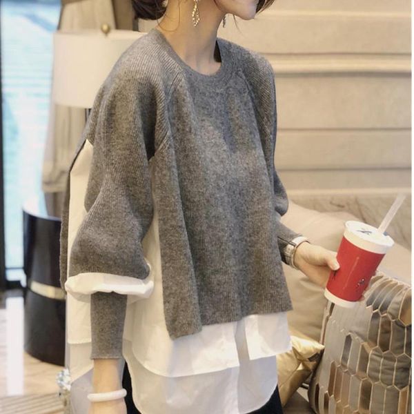 

trodeam woman sweaters knitted female pullover long sleeve o-neck pull fake two-piece sets loose warm winter korean style, White;black
