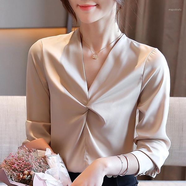 

long sleeve v-neck office blouse for women blusas mujer de moda 2020 blouse women chiffon shirt shirts d4291, White
