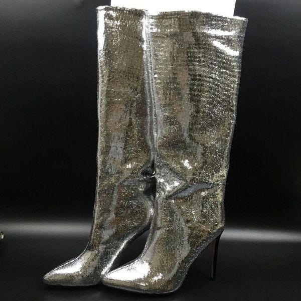 

boots women's pointed toe high heels knee metal shine silver slip on autumm winter fashion style, Black