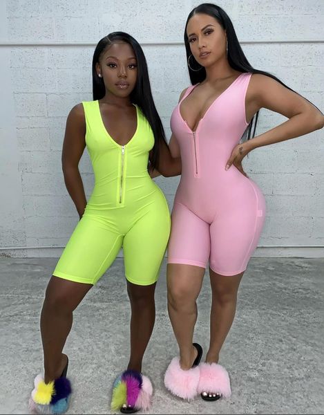 

fitness sporty active wear sleeveless playsuit athleisure neon color rompers women zipper biker bodybuilding jumpsuits t200704, Black;white