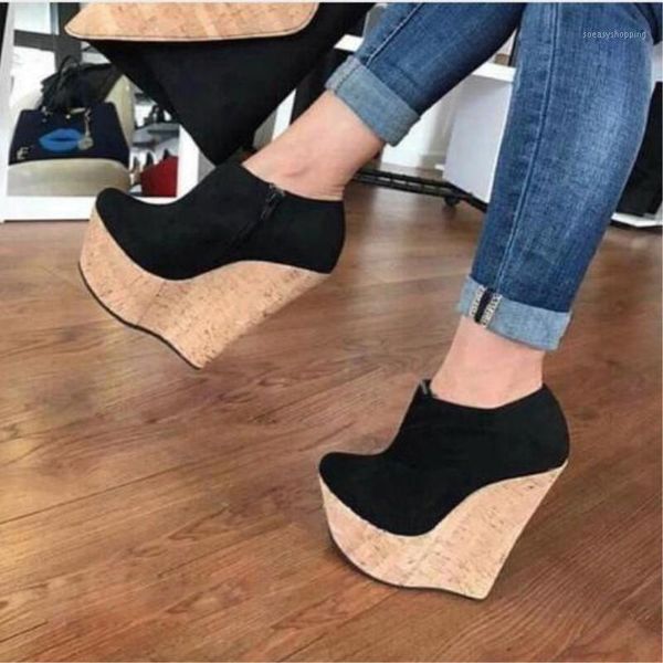 

lanlojer shoes, suede, about 15 cm wedges women's shoes, round toe pumps,woman high heels party wedding shoes1, Black