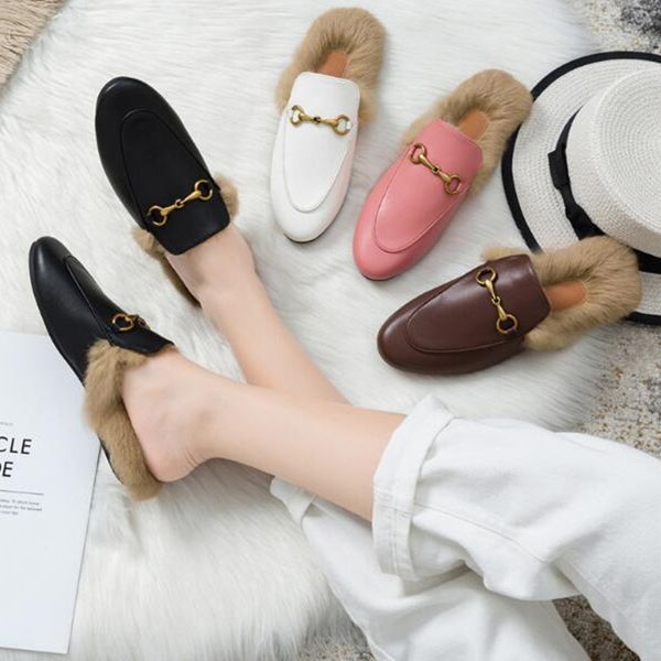 

new season designer women mules shoes luxury fur lazy slippers genuine leather fashion horsebit flat loafers for ladies comfort shoes, Black