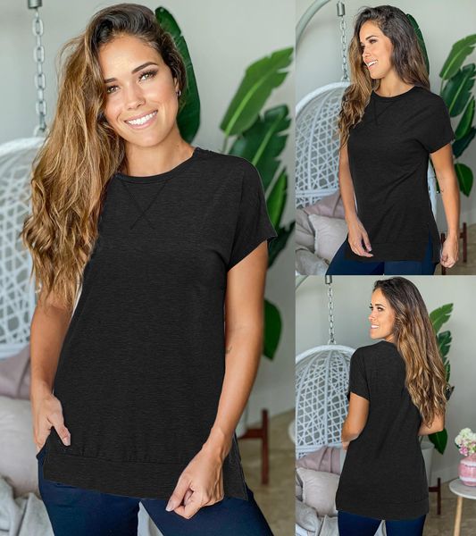 

women split crew neck tshirt summer short sleeve slim tees female solid color top, White