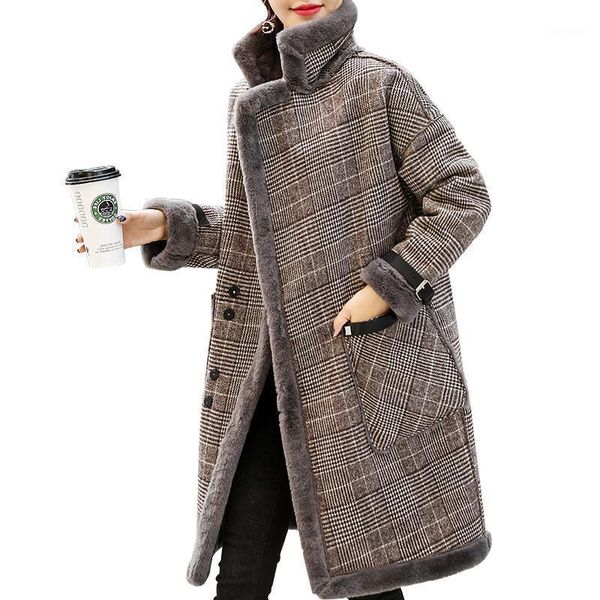 

women plaid coat autumn winter coats mid-long imitate lamb wool warm jacket single-breasted blended woolen women's jacket1, Black