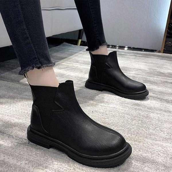 

women slip on ankle boots ladies pu leather stretch fabric shoes female fashion platform boots women winter casual footwear, Black
