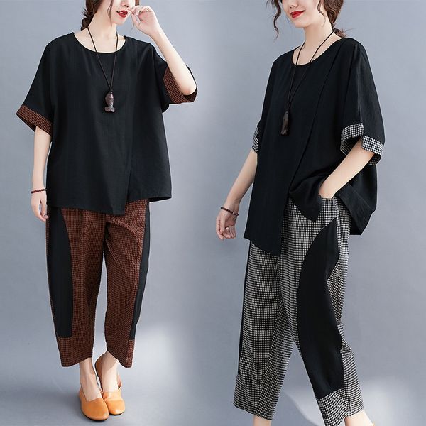 

fashion suit women's summer new literary and art large women's wear loose and thin short sleeve hemp plaid middle-aged suit linen, Gray