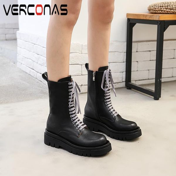 

verconas autumn winter new 2020 woman mid-calf boots genuine leather fashion martin boots zipper lace-up platforms woman, Black