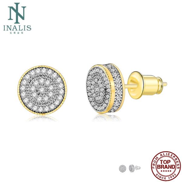 

inalis small round stud earrings for women full white 5a clear cubic zirconia female anniversary fashion jewelry new arrival, Golden;silver