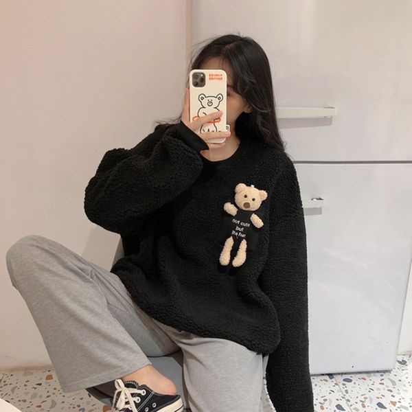 

2021 new autumn winter thick warm coat veet sweet bear women o neck sweatshirt solid blue pullover casual lady long sleeve n5ai, Black